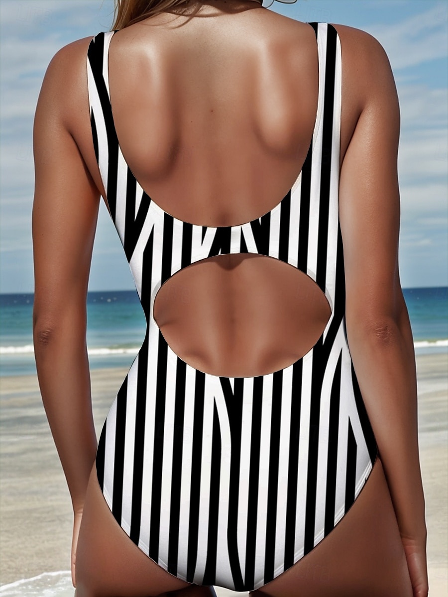 Ženské plavky jednodílné monokini s vysokým střihem bez zad s kontrolou břicha vysokým pasem štíhlé na dovolenou vintage grafické geometrické U-krk bez rukávů 2025 - $26.99 –P2