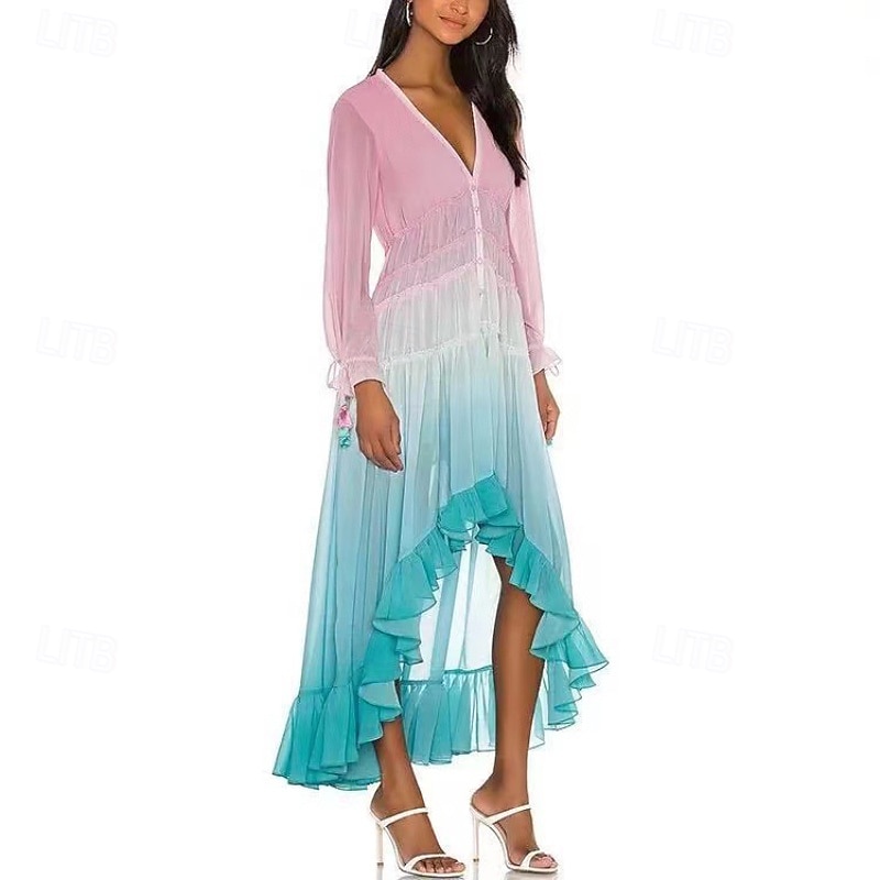 Femmes Robe Midi Robe Fleurie Mode Moderne Quotidien Sortir Week-end Coupe régulière A Ombre manche longue Col en V Rouge Bleu Violet Été de 2025 ? $31.99 –P5