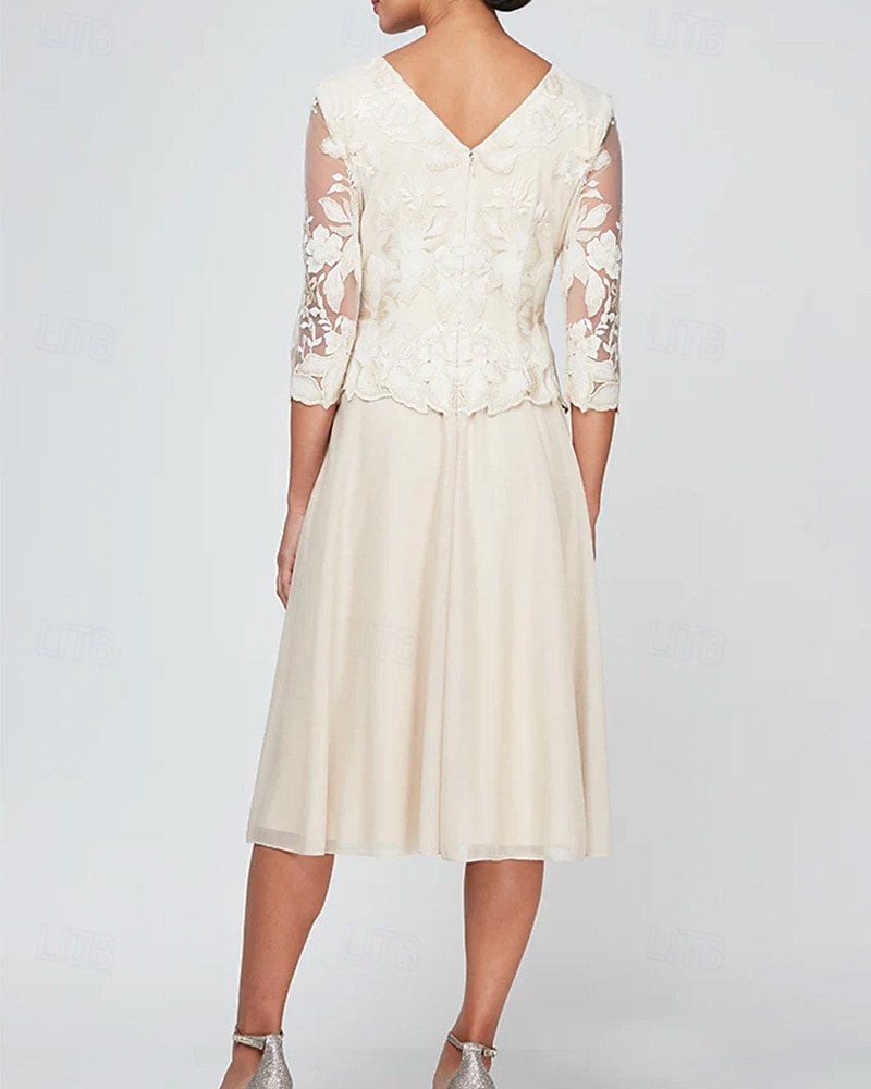 Robe Mère de la Mariée A-Line Élégante Simple Minimaliste Col Arrondi Longueur Thé Chiffon Dentelle Manches Mi-Longues avec Appliques en Dentelle Florale Robe Midi 2025 de 2025 ? $158.99 –P3