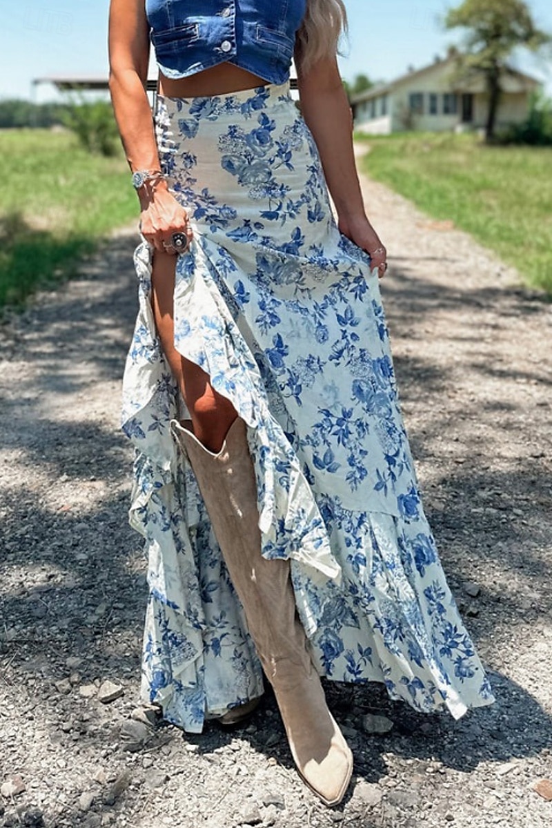 Damen Rock Bohemien Lässig Boho Maxi Mittlere Hüfthöhe Röcke Blumen Druck Gespleißte Enden Mikroelastisch Straße Ausgehen Beige Sommer Polyester 2025 - $21.99 –P2