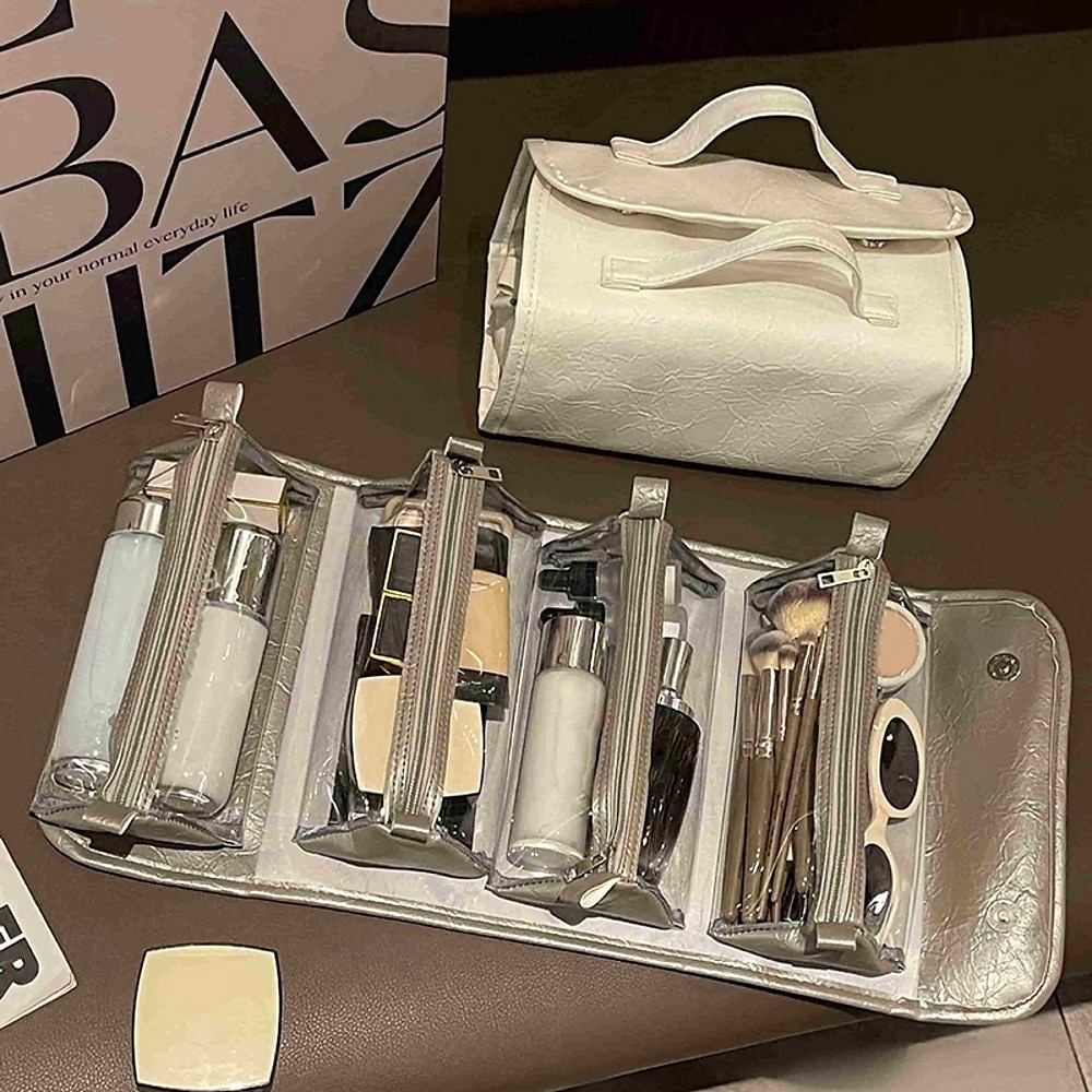 Bolsa de viaje de cuero para cosméticos, gran capacidad, portátil, para mujer, estuche de maquillaje, impermeable, organizador de maquillaje, bolsa de almacenamiento plegable 4 en 1, bolsa de aseo de 2025 - $15.49 –P8