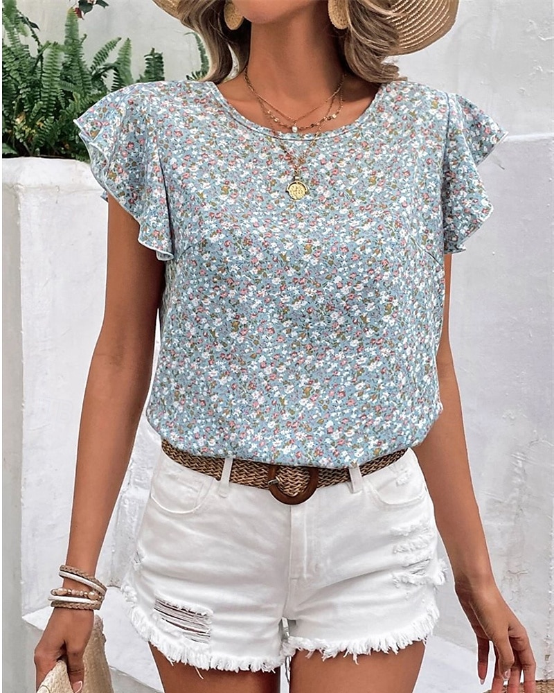 Damen T Shirt Blumen Mode Modern Kurzarm Rundhalsausschnitt Normale Oberteile Täglich Ausgehen Rüsche Grün Sommer 2025 - $18.49 –P4