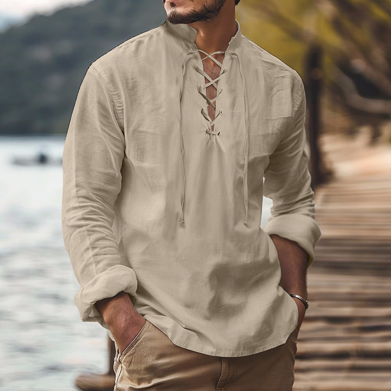 Per uomo Camicia Camicia di lino Stile vichingo Camicia Estiva Abbigliamento da spiaggia Camicia pirata Tinta unica Vacanza Ferie Bianco Blu marino Azzurro cielo Verde Manica Lunga Collo alla coreana del 2025 a $21.99 –P2