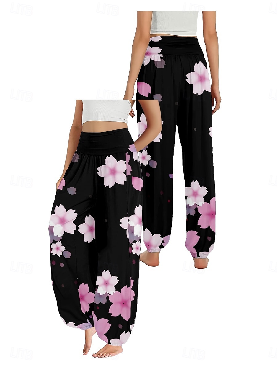 Dam Linneinspirerade byxor Brett skaft Byxor Etnisk Stil Ledigt Boho Fullängd Hög midja Blommig Löv Tropisk Ficka Elastisk midja Tryck Mateial som andas Mjuk Microelastisk Utomhus Yoga Svart Rosa 2025 - $21.99 –P15