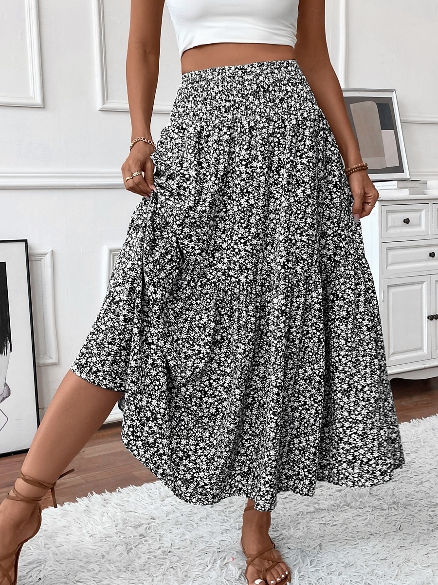 Fustă pentru femei Fustă maxi A Line Modă Casual Fuste cu talie înaltă Floral Print Micro-elastic Stradă Zilnic Negru Galben Roz Verde Vară Poliester 2025 - $25.99 –P12