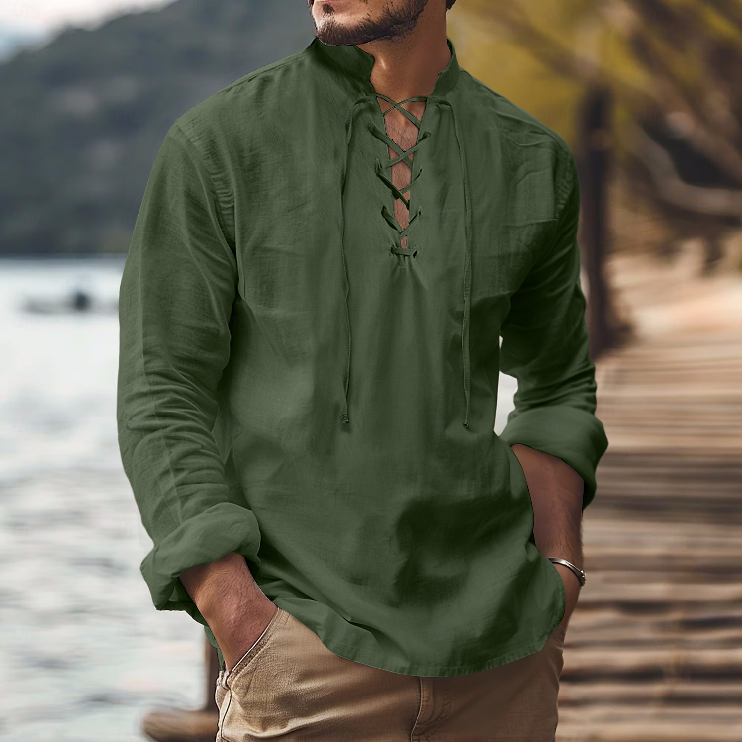 Per uomo Camicia Camicia di lino Stile vichingo Camicia Estiva Abbigliamento da spiaggia Camicia pirata Tinta unica Vacanza Ferie Bianco Blu marino Azzurro cielo Verde Manica Lunga Collo alla coreana del 2025 a $21.99 –P9