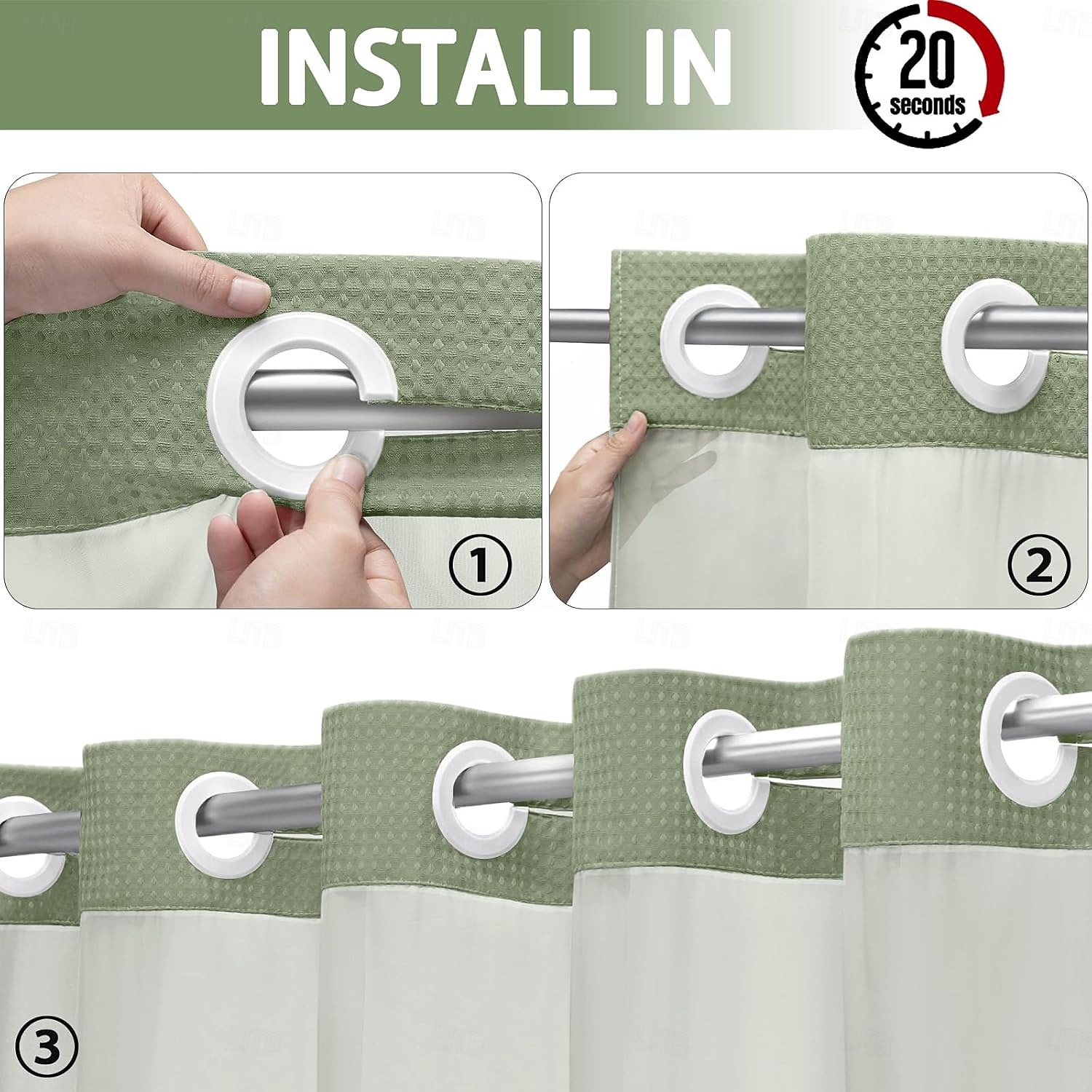Waffle Weave Shower Curtain 180cm*180cm(70"*70") with Snap-in Fabric Liner Set, Solid Colored Hotel Style for Bathroom with Mesh Top Window 2025 - €26.03 –P1