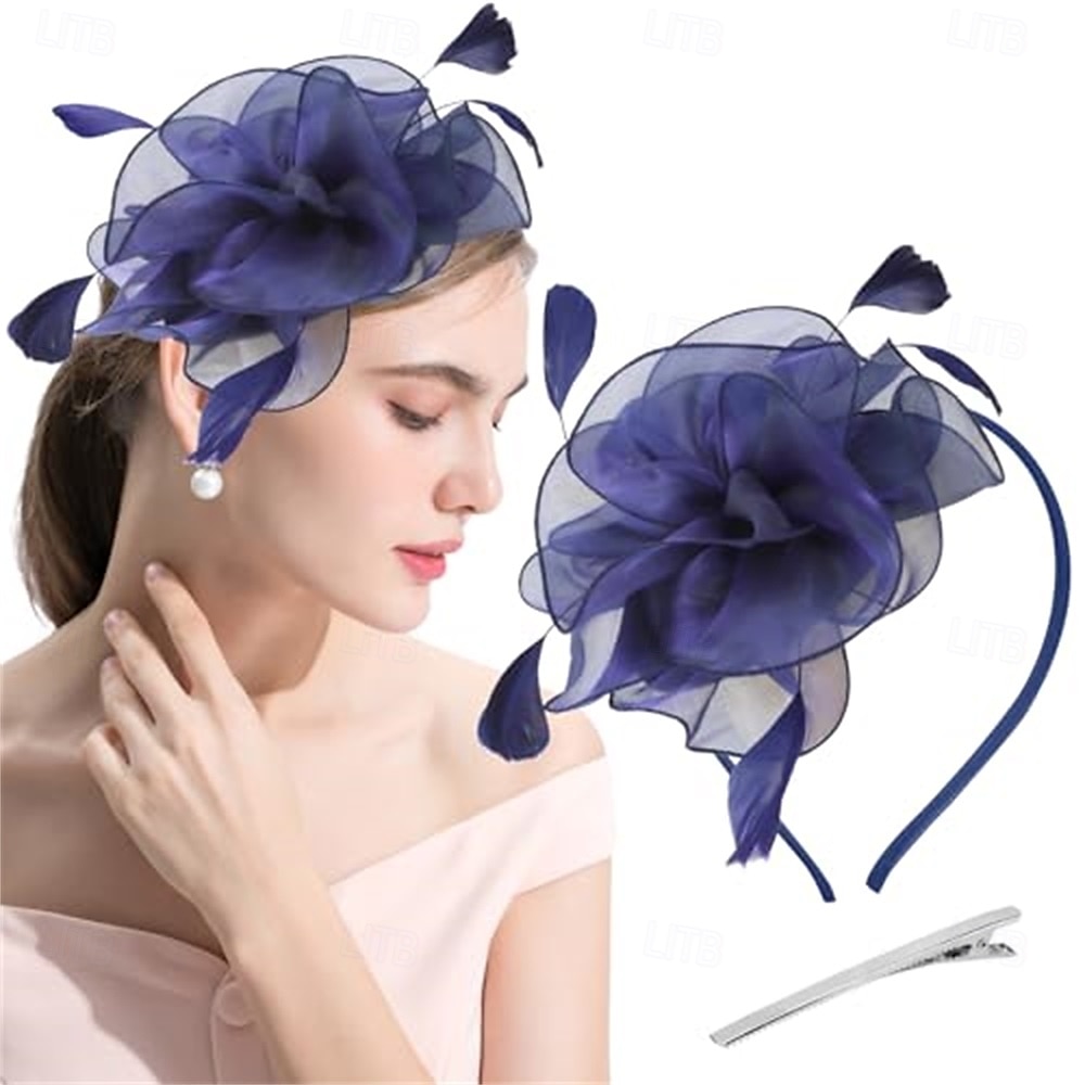 fascinators lue blomst mesh multi farge fjær bånd på pannebånd og klips teselskap hodeplagg for jenter kvinner 2025 - $32.99 –P5