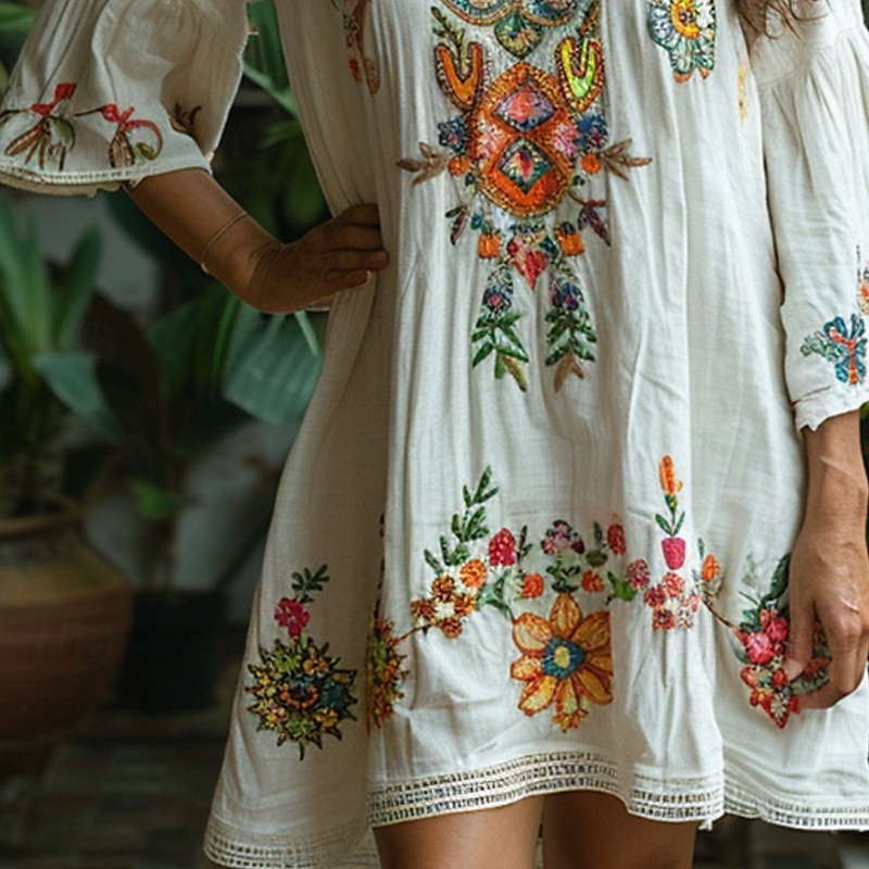 Dam Mini klänning Blommig klänning Boho-klänning Klänning med tryck Västerländsk klänning Klassisk Utomhus Semester Helgen Normal Blomma 3/4 ärm V-hals Vit Sommar 2025 - $24.99 –P3