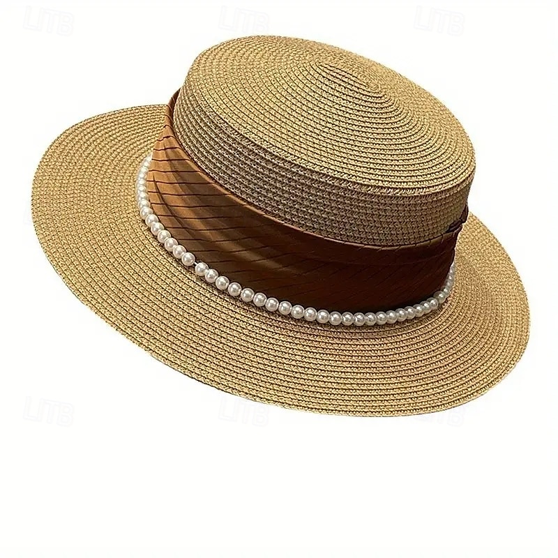 Elegant French Ladies Sun Hat  Natural Grass Weave Pearl Embellishment  Flat Top Design UV Protection Ideal for Beach and Outdoor Use Beach Hat 2025 - $48.99 –P5