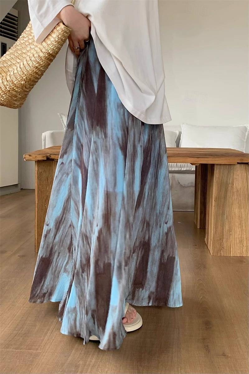 Pentru femei Fustă Epocă Boho Maxi Talie Medie Fuste Cravată Imprimeu Micro-elastic Vacanță Casul / Zilnic Negru Albastru piscină Vară Poliester 2025 - $22.99 –P4