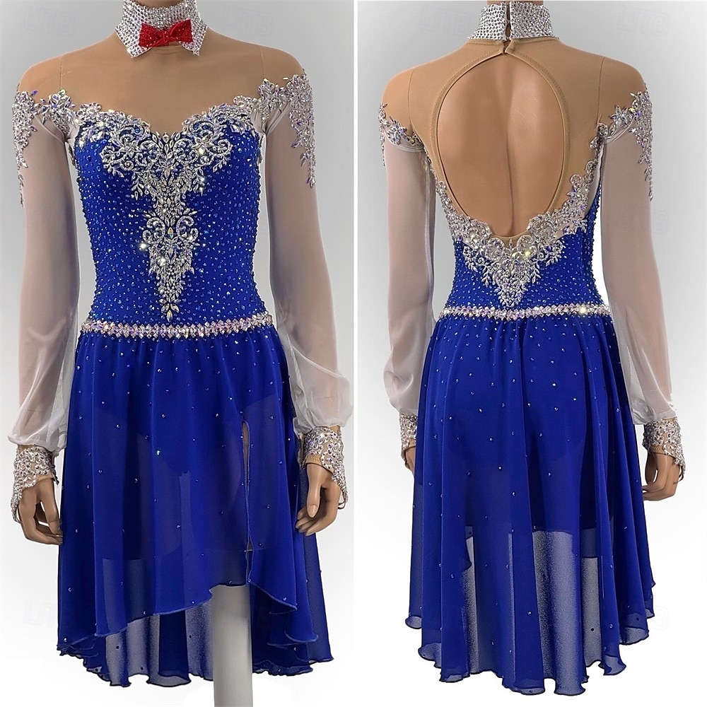 Kunstschaatsjurk Dames Voor meisjes Schaatsen Jurken Marine Blauw Duimopening Open achterkant Netstof Hoge Elasticiteit Opleiding Wedstrijd Kunstschaatskleding Klassiek Kristal / Bergkristal Lange 2025 - $201.09 –P1