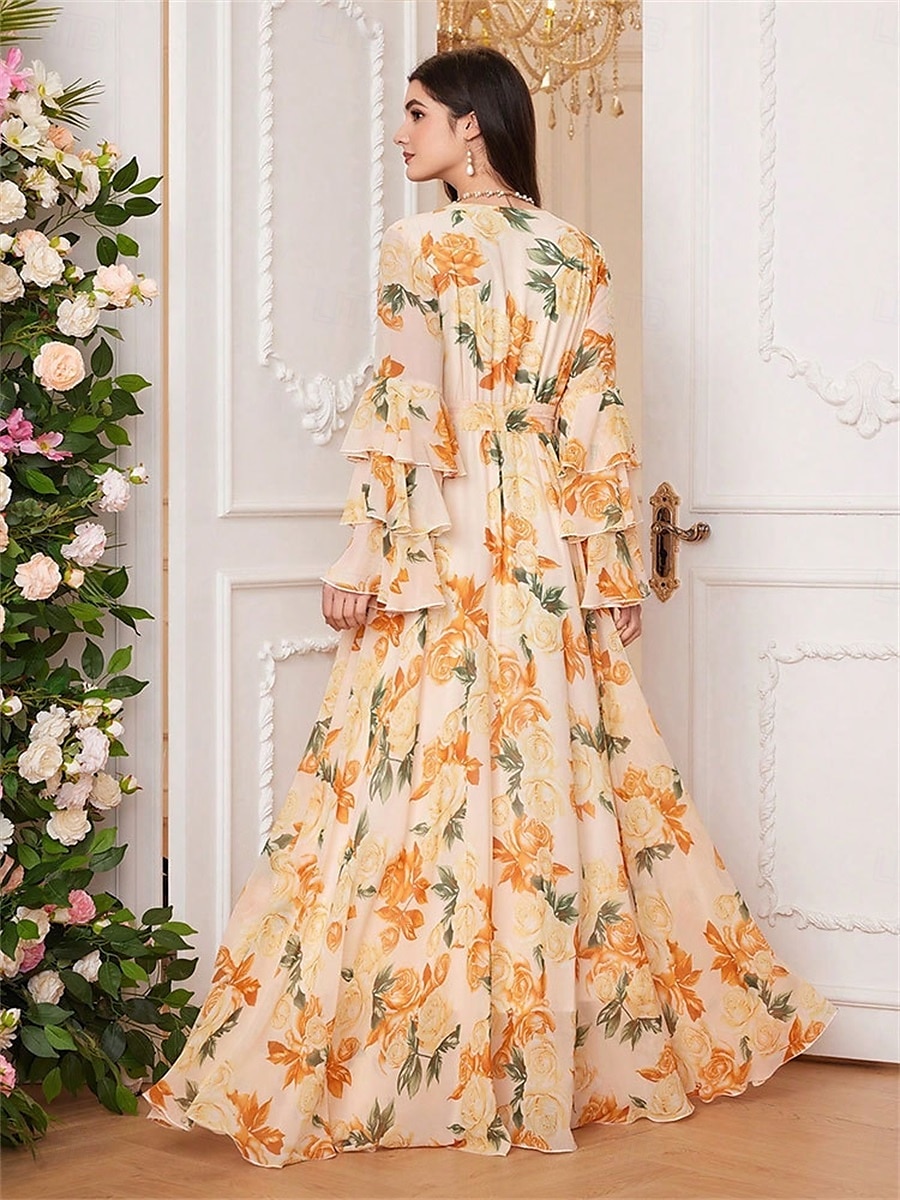 Dress Mother of the Bride Dress Elegant V Neck Floor Length Chiffon Long Sleeve with Sash / Ribbon Ruffles Wedding Guest Dress 2025 - $89.99 –P6