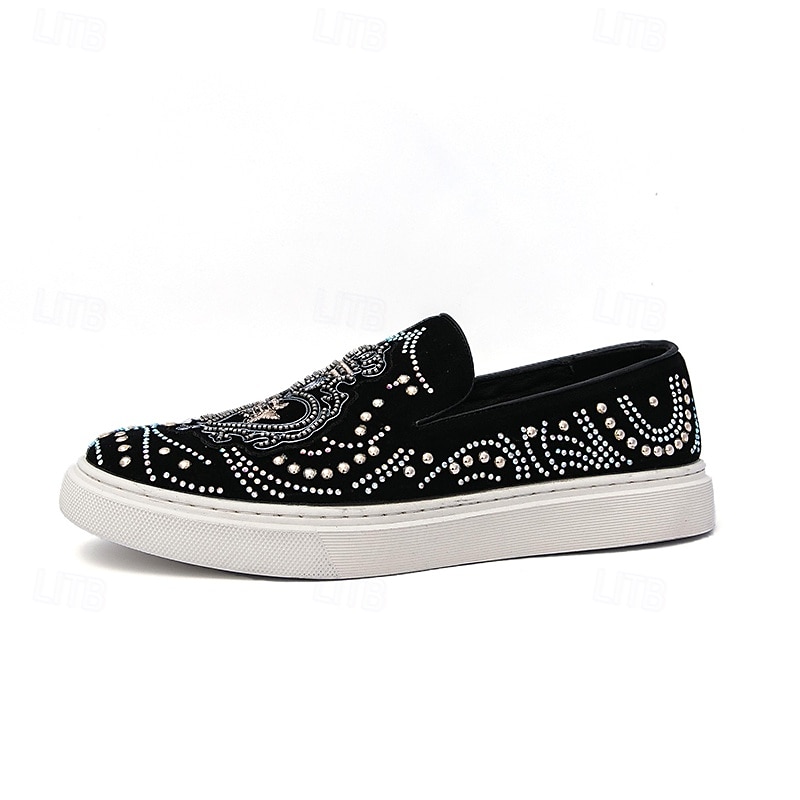 pánské černé slip-on tenisky s cvočky a kamínkovými detaily - módní společenské boty pro taneční akce a speciální příležitosti 2025 - $54.99 –P3