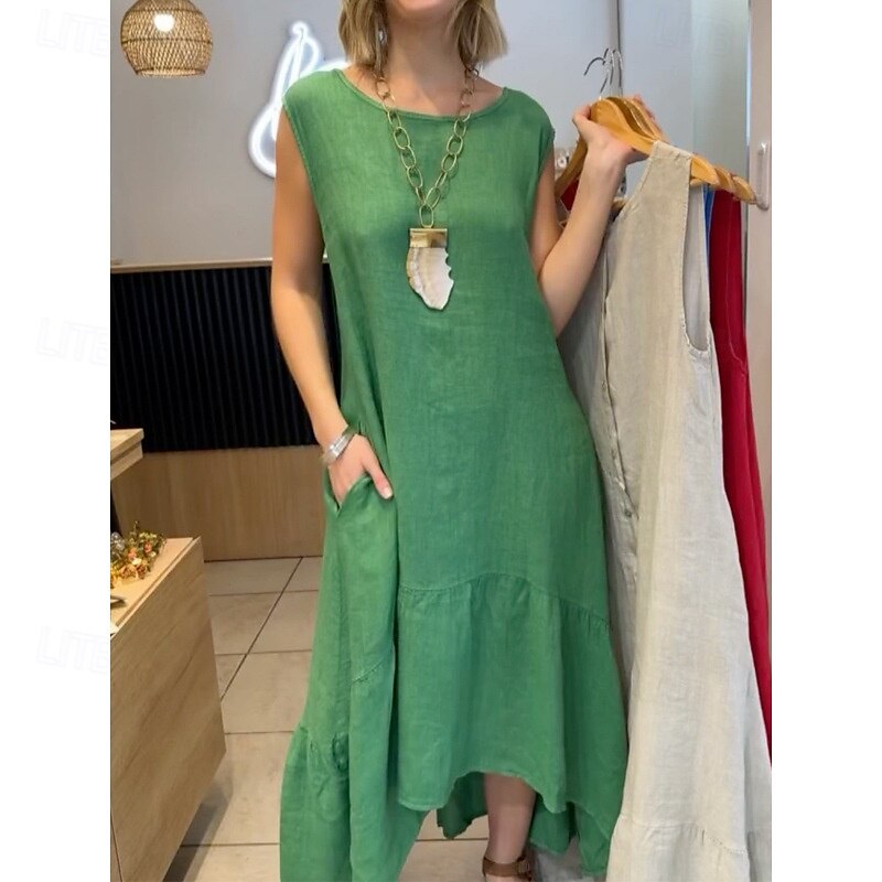 Pentru femei Rochii Midi Rochie A line Rochie de vară Casual Zilnic Concediu Plajă Fit regulat Simplu Fără manșon Stil Nautic Galben Roșu-aprins Trifoi Vară 2025 - $32.99 –P1