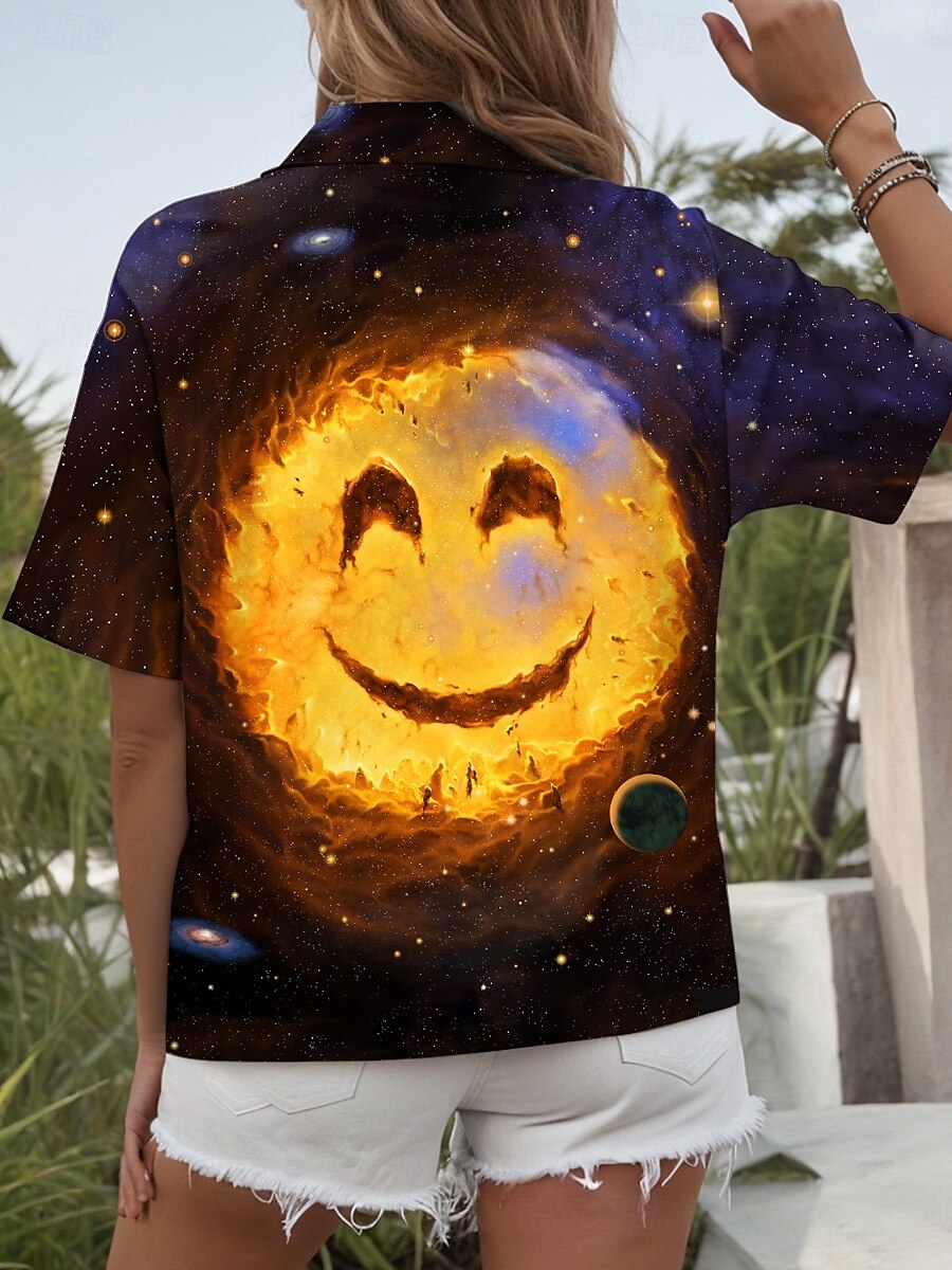 Galaxy Smile von Vincent Hie Damen Hemd Langarm Button-Down Bluse Grafik Geometrisch Vintage Stilvoll Lässige Kurzarm Hemdkragen Reguläre Tops Alltag Gelb 2025 - $26.99 –P2
