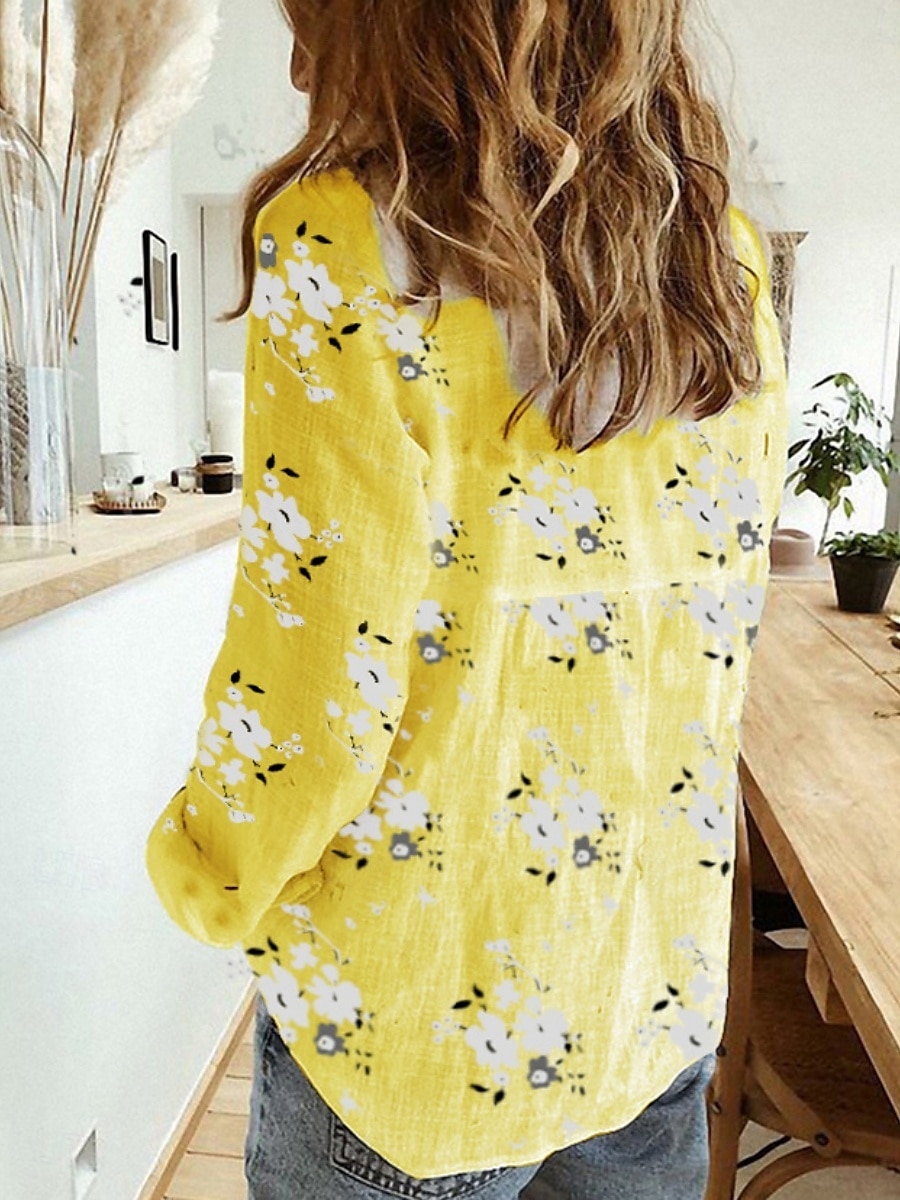 Kvinners bomull-lin skjorte blomster daglig uformell langermet skjorte krage vanlige topper daglig knapper print hvit gul blå sommer 2025 - $19.99 –P3