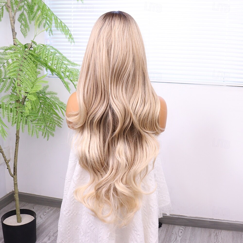 Perruque en dentelle synthétique Ondulation naturelle Style 30 pouce Blond Raie au milieu dentelle frontale 13x 6 Perruque Femmes Perruque Or clair de 2025 ? $78.99 –P5