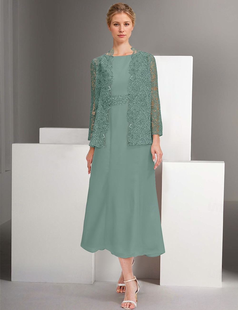 Blue Pink Two Piece A-Line Dress Sets Mother of the Bride Dress Elegant Crew Neck Ankle Length Chiffon Long Sleeve Jacket Dresses with Lace Embroidery 2025 2025 - $148.99 –P6