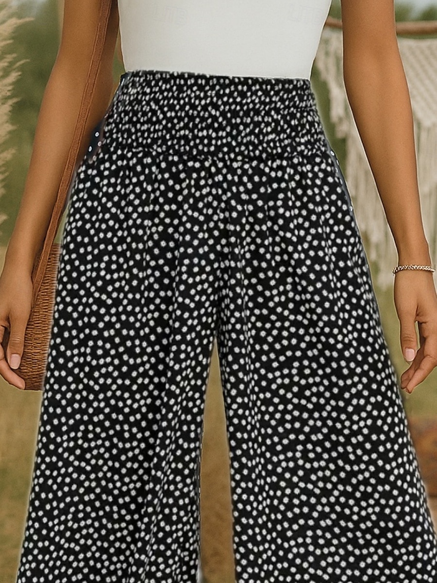 Women's Wide Leg Pants Trousers Bohemian Boho Long High Waist Polka Dot Printing Elastic Drawstring Design High Cut Breathability Soft Micro-elastic Vacation Holiday Casual Daily Black Summer Regular 2025 - $19.99 –P1