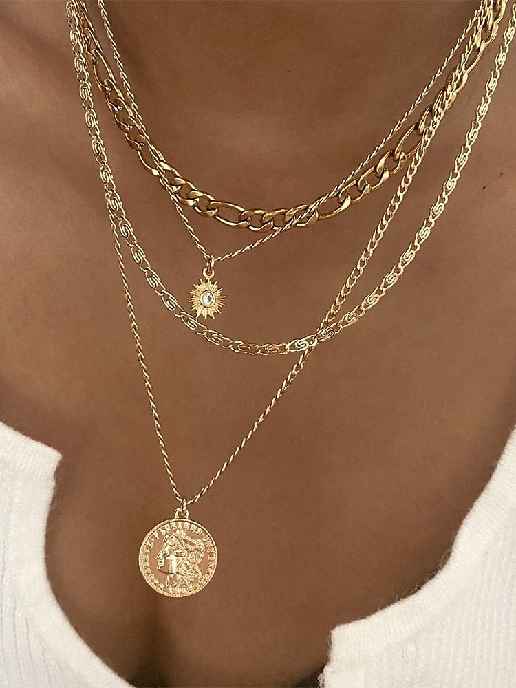 Gold and Silver Multi-Layered Pendant Necklace with Sun and Coin Charms, Trendy Bohemian Jewelry for Women, Perfect for Casual Wear and Summer Outings 2025 - $9.99 –P1