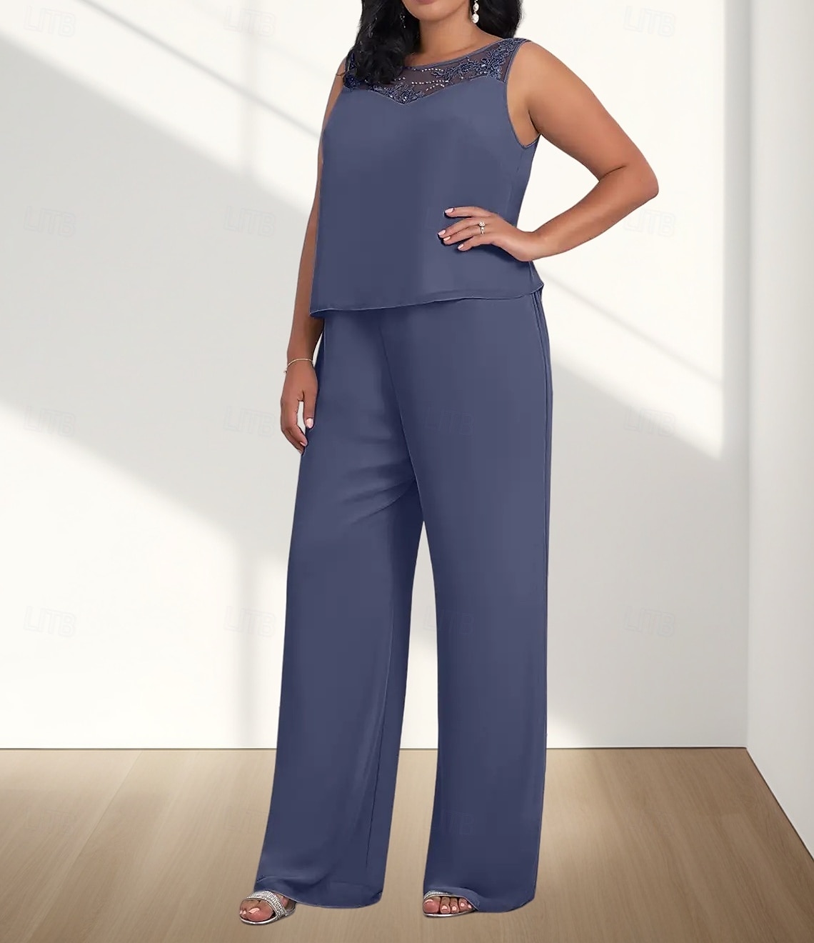 Jumpsuit  Buksedress 3 Delt Mor til bruden Kjole Bryllupsgjest Elegant Ledig Rund Utringning Gulvlengde Chiffon 3/4 Lengde Ermer med Perleapplikasjoner 2025 - $169.99 –P4