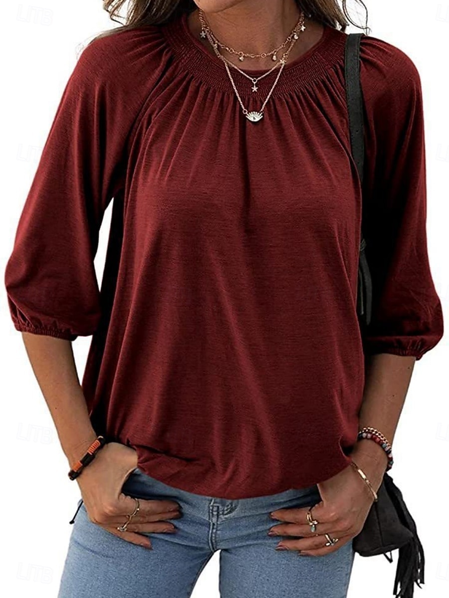 Femmes T-shirt Uni Mode Moderne Manche 3/4 Col ras du cou Hauts Réguliers Quotidien Noir Blanche Rose Claire Vin Vert Véronèse Été de 2025 ? $12.99 –P8