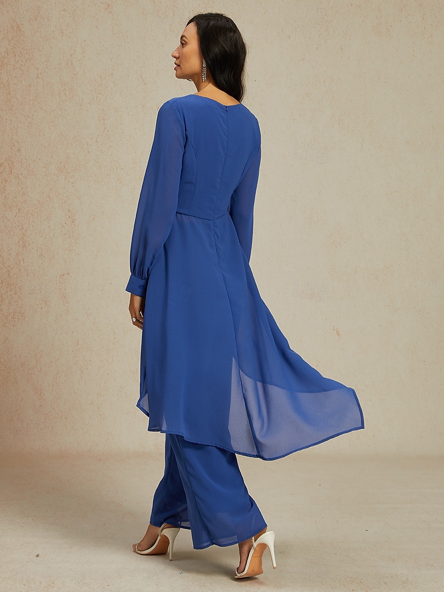 női esküvői vendég jumpsuit elegáns sötétkék hosszú áttetsző ujjú széles láb elegáns esti parti viselet kerek nyakkivágás tavasz nyár ősz 2025 - $55.99 –P5