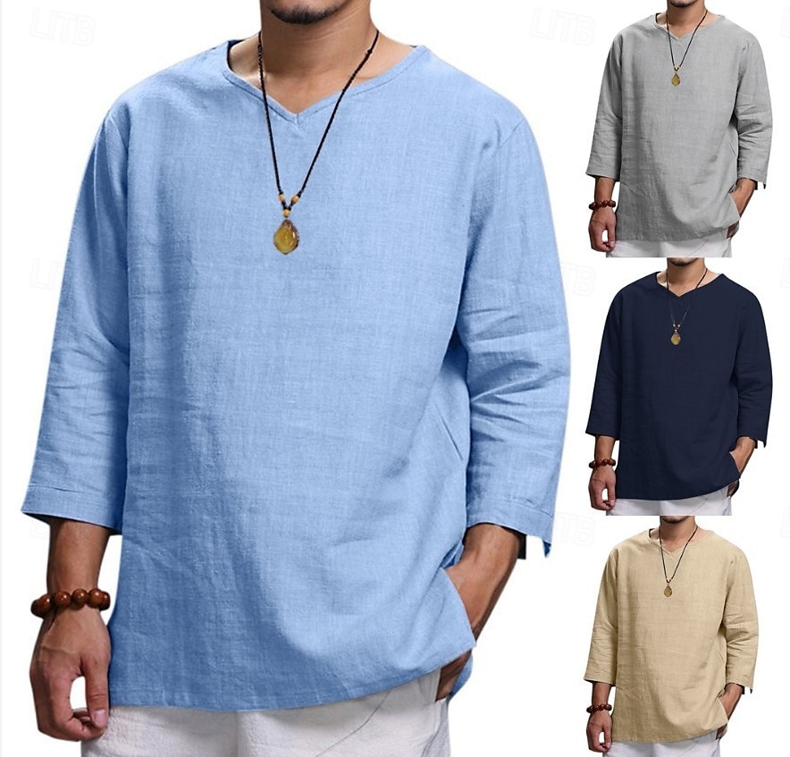 Pánské Košile Lněná košile Popover košile Letní košile Oblečení na pláž Pevná barva Dovolená Ležérní Černá Námořnická modř Nebeská modř Khaki 3/4 rukáv Do V Léto Jaro Oblečení 2025 - $20.99 –P2