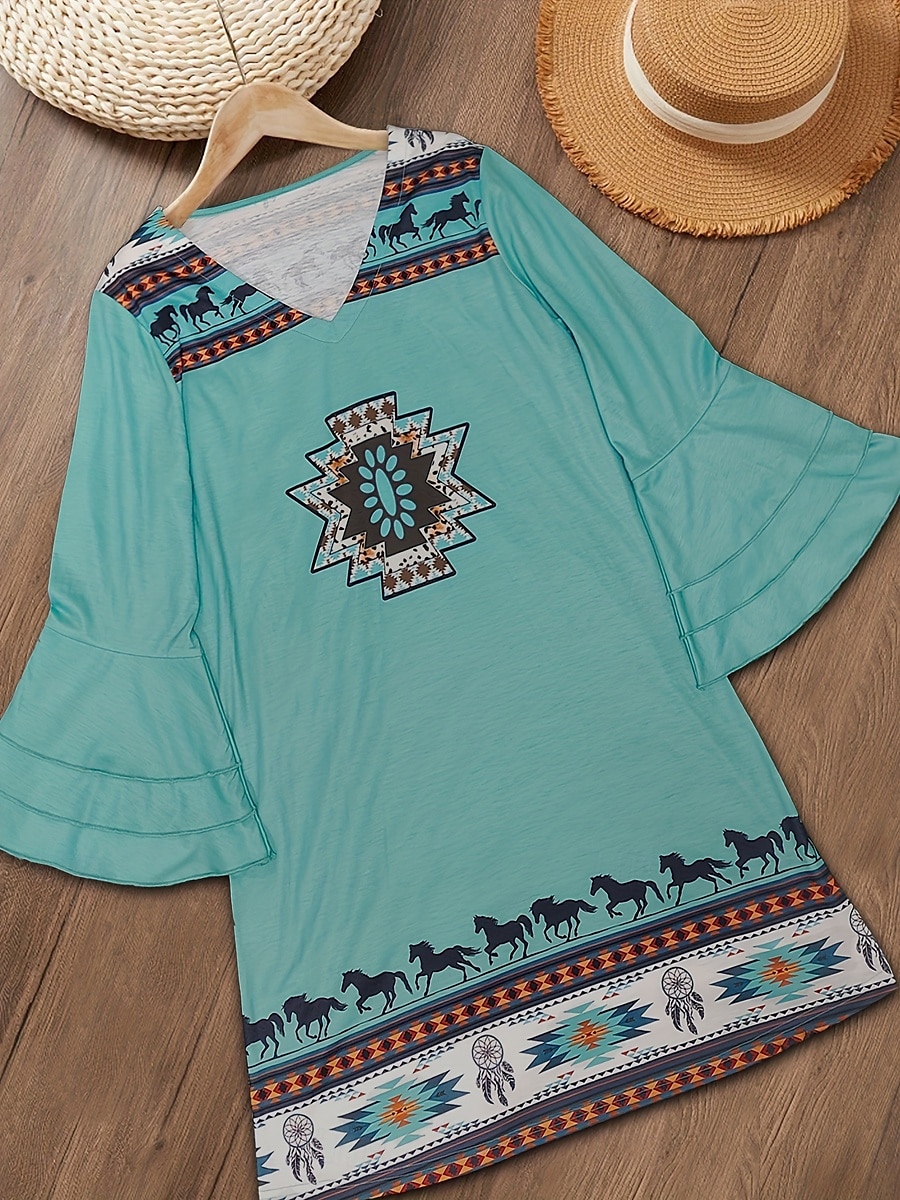 Women's Mini Dress Sundress A Line Dress Vacation Casual Boho Going out Beach Regular Fit Graphic Tribal 3/4 Length Sleeve V Neck Green Summer Spring 2025 - $46.99 –P2