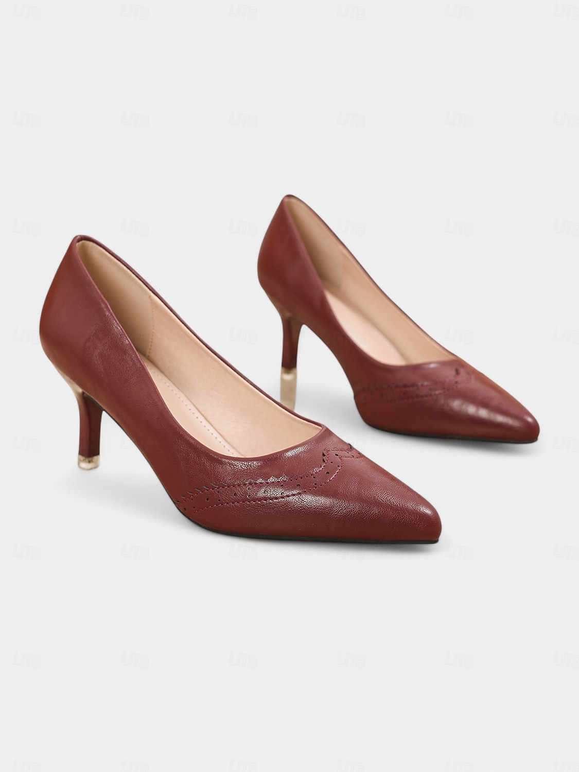 burgunder i kunstskinn med spisse hæler for kvinner, brogue-design, kattehæler, elegant stil fra 1950-tallet, ideell for kontorklær og kveldsarrangementer 2025 - $42.99 –P1
