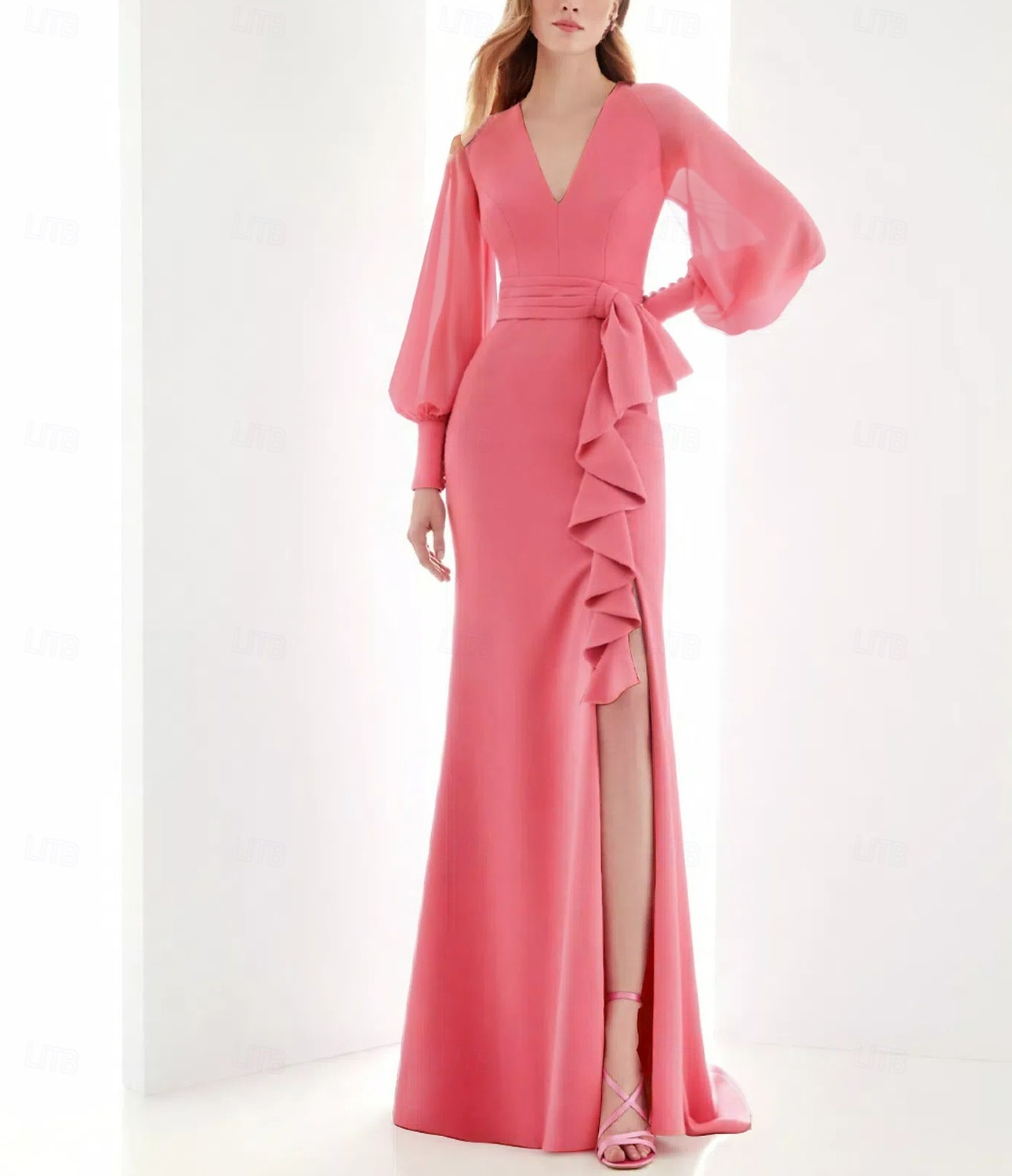 abito da sera rosa a trapezio elegante abito formale lungo fino al pavimento manica lunga scollo a V in chiffon con volant spacco farfalla 2025 del 2025 a $153.99 –P2