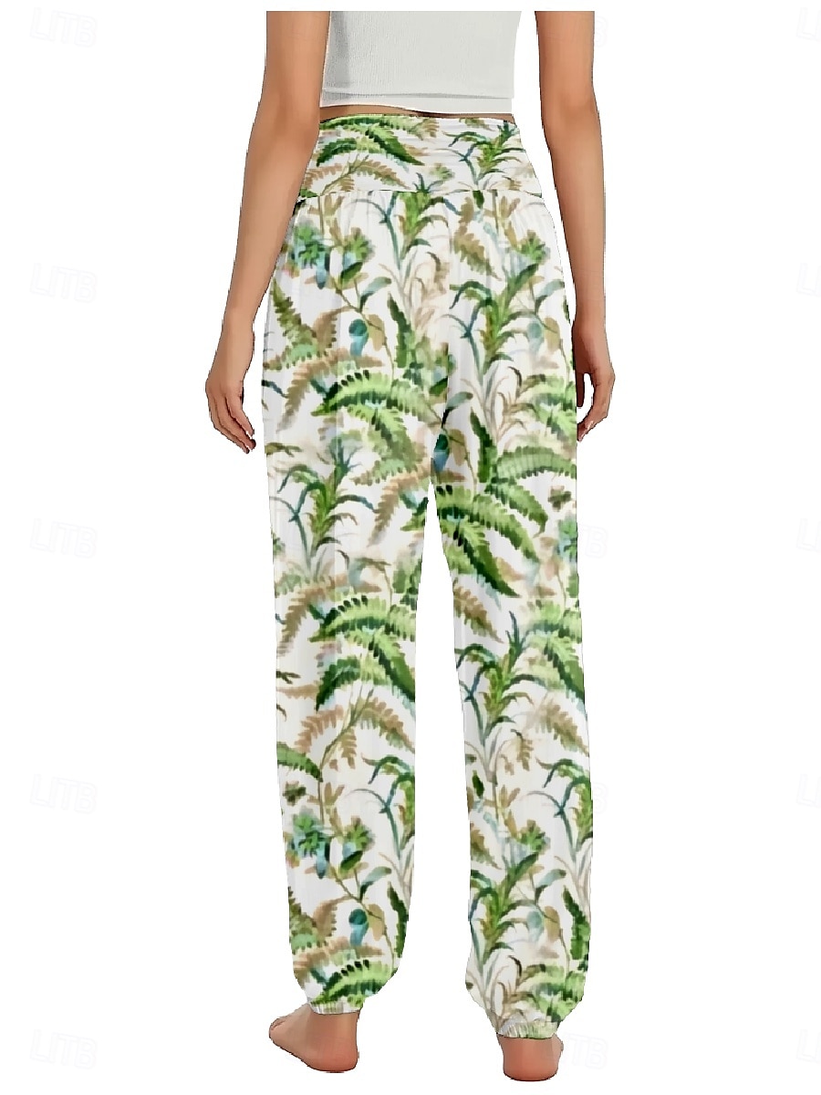 Dam Linneinspirerade byxor Brett skaft Byxor Etnisk Stil Ledigt Boho Fullängd Hög midja Blommig Löv Tropisk Ficka Elastisk midja Tryck Mateial som andas Mjuk Microelastisk Utomhus Yoga Svart Vit 2025 - $21.99 –P8