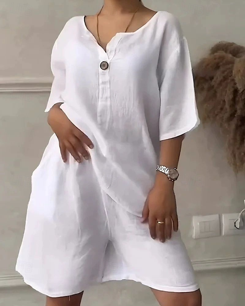 Women's Fashion Streetwear Cotton Linen Sets Two Piece Sets Shorts Sets Short Sleeve V Neck Daily Wear Date Black White Army Green Summer Regular Fit 2025 - $26.99 –P2