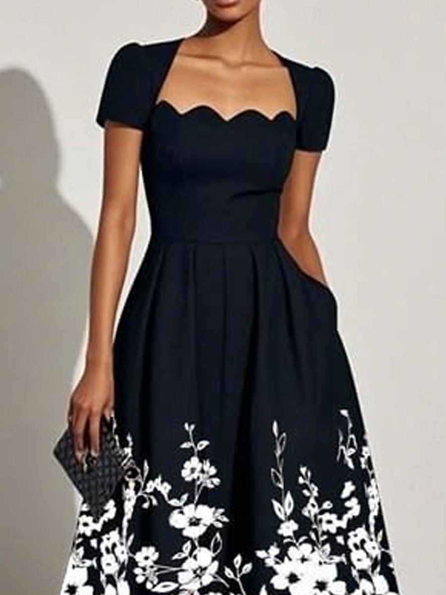 Women's Midi Dress A Line Dress Pleated Dress Work Dresses Vacation Casual Going out Regular Fit Floral Graphic Short Sleeve U Neck Black Summer 2025 - $31.99 –P3