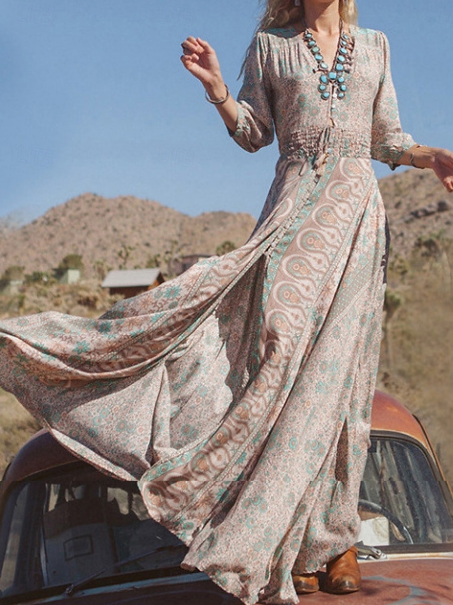 Robe Boho Femme Robe Western Robe Vintage Maxi Robe A Ligne Robe d'été Robe Casual Quotidienne Coupe Régulière Graphique Florale Manches 3/4 Décolleté en V Bleu Été de 2025 ? $32.99 –P3