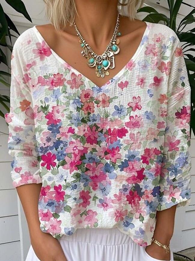 Femmes Chemisier Fleuri Graphique Animal ancien Tropical Élégant Manche 3/4 Col en V Hauts Réguliers Jaune Rose Claire Été Printemps de 2025 ? $24.99 –P2