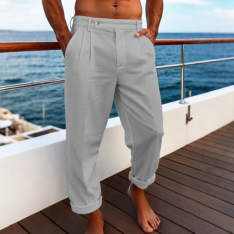 Herr Linne Byxor Långbyxor Sommarbyxor Strandbyxor Ficka Slät Komfort Andningsfunktion Semester Dagligen Helgdag Hawaiisk Boho gurkmeja Svart 2025 - $22.99 –P6