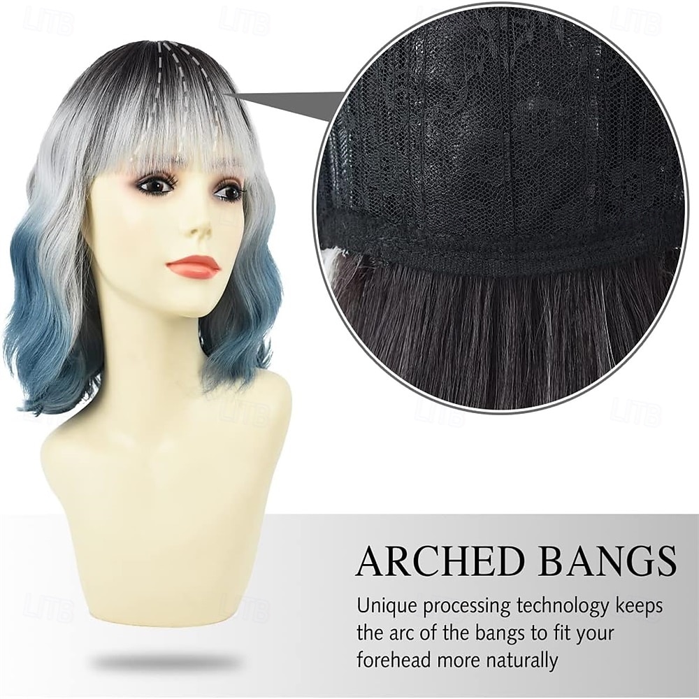 Wavy Bob Wig with Bangs Natural Ombre Silver Blue Wig  display picture 2