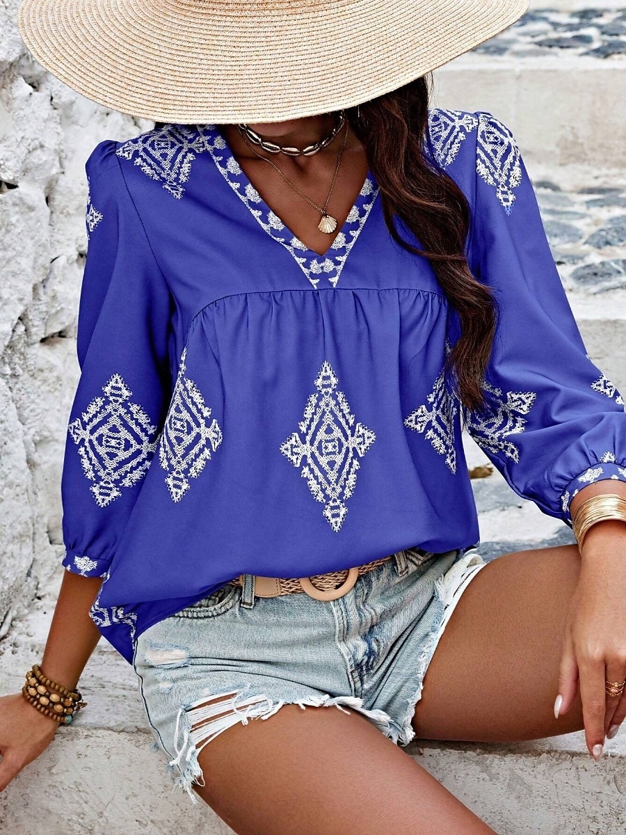 Mulheres Blusa Geométrica Boêmia Casual Manga 3/4 Manga Princesa Decote V Tops regulares Diário Imprimir Rosa Azul Marinha Roxo Verde Verão Primavera de 2025 por $22.99 –P19