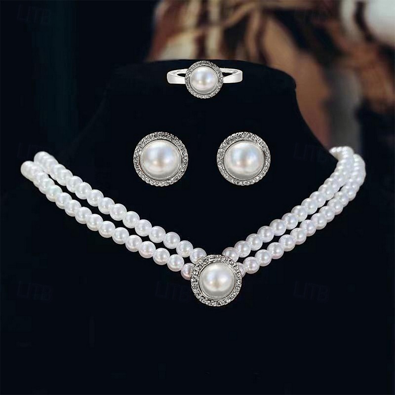 Set di gioielli da sposa, 1 set di anelli in lega di perle sintetiche, orecchini, collana, elegante e semplice set di gioielli da donna per matrimonio, San Valentino, occasione speciale del 2025 a $16.49 –P1