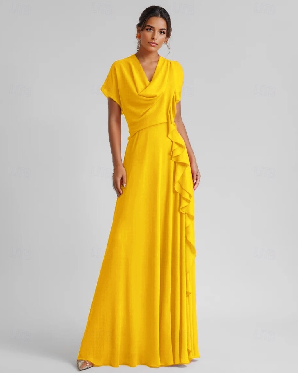 Robe de cocktail jaune élégante en crêpe extensible à volants froncés, longueur au sol, manches 3/4, col en V, pour invité de mariage, 2025 de 2025 ? $109.99 –P4