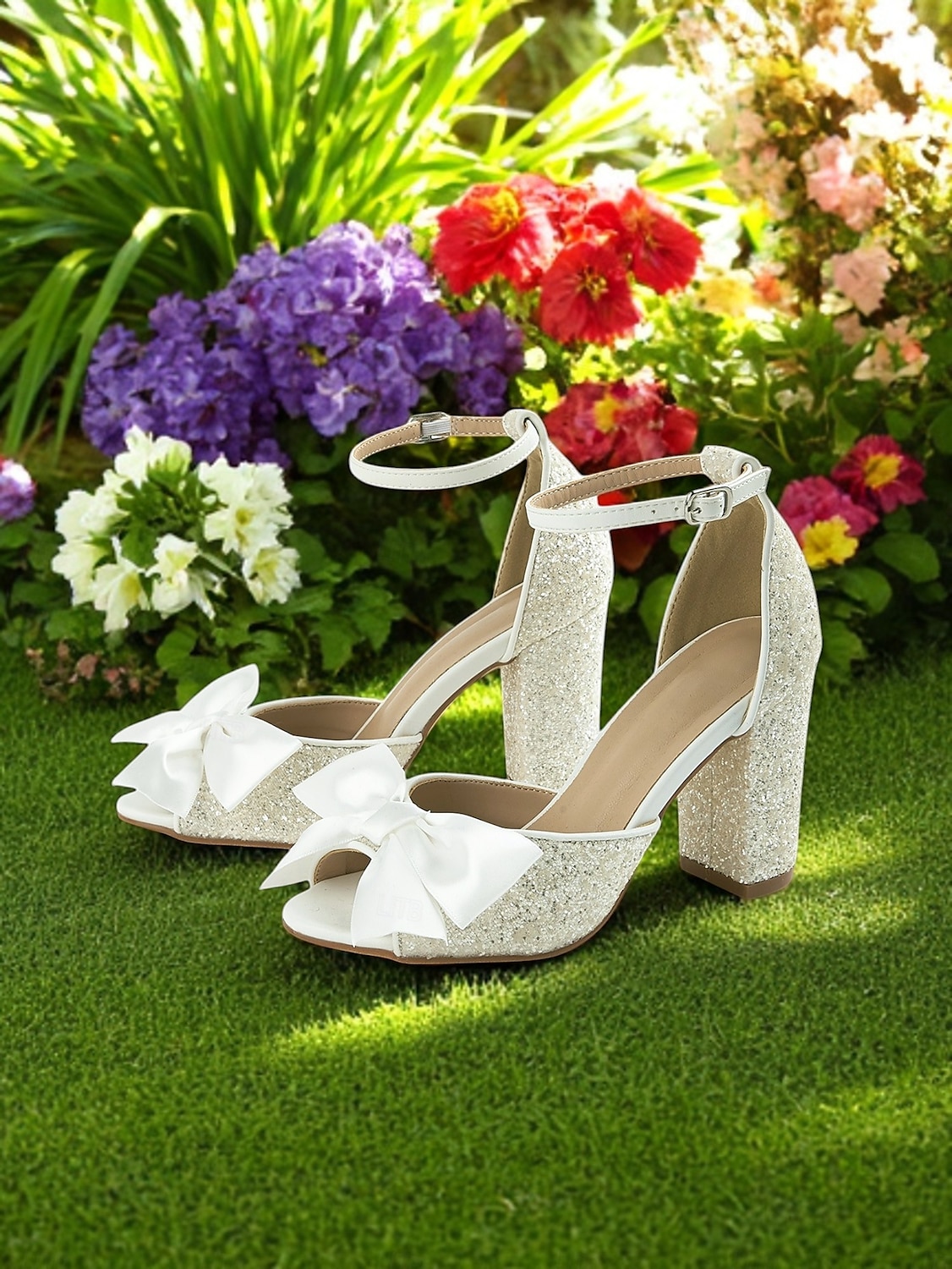 Women's White Glitter Block Heel Wedding Sandals with Ankle Strap and Satin Bow – Elegant Open Toe Bridal Shoes for Garden Ceremonies and Outdoor Events 2025 - $42.99 –P2