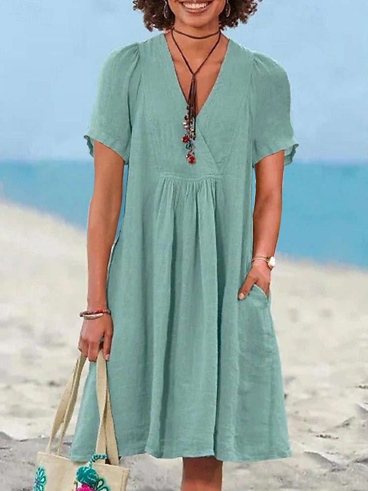 Per donna Mini Abito Abiti ispirati al lino Abito a trapezio Casual Spiaggia Quotidiano Vestibilità regolare Semplice Manica Corta Scollo a V Verde chiaro Blu reale Viola Arancione Estate del 2025 a $28.99 –P6