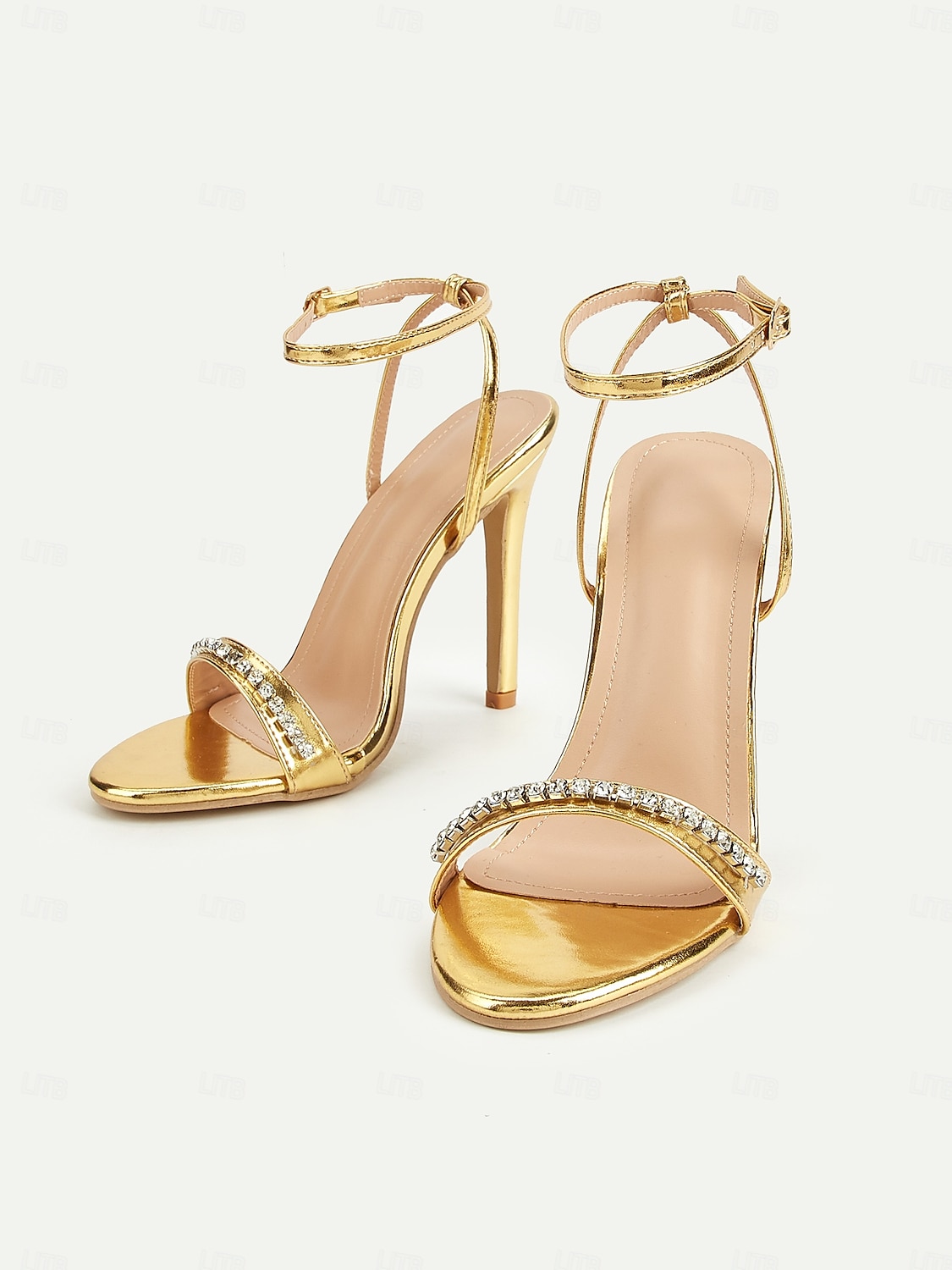 Tacones altos con tiras metálicas doradas para mujer: sandalias deslumbrantes con cristales para bailes de graduación y celebraciones especiales. 2025 - $32.99 -P1