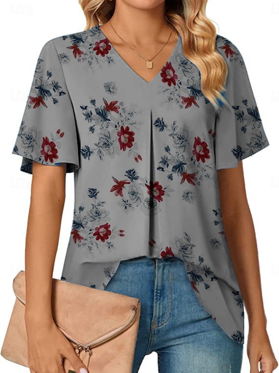 Blouses d'été pour femmes tops floraux stylés décontractés manches courtes col en V tops réguliers quotidien imprimé blanc bleu gris bleu clair été printemps de 2025 ? $15.99 –P12