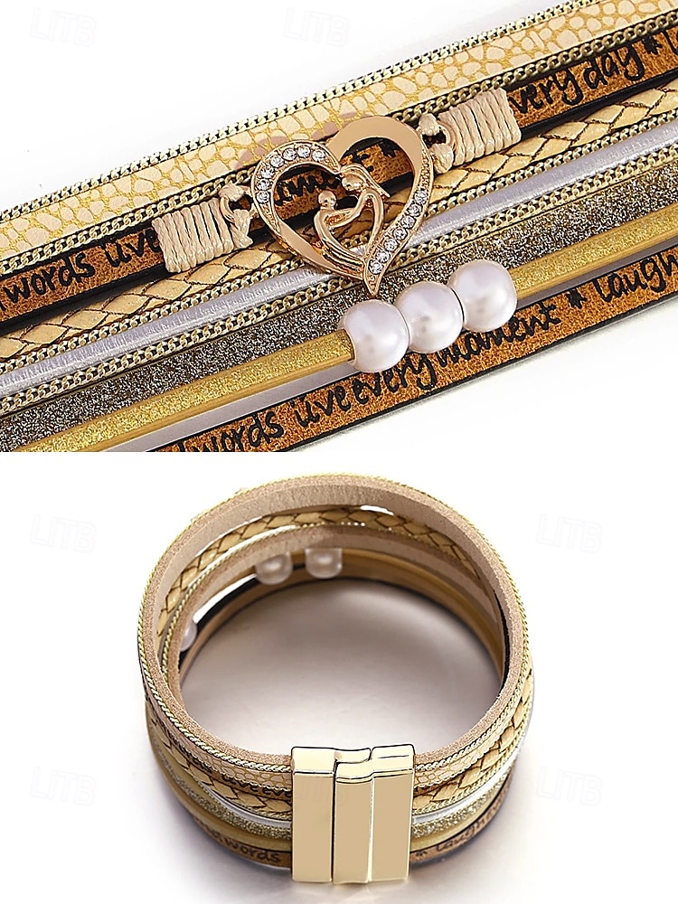 Pulseira magnética feminina de couro sintético – pingente de coração e pérola em liga com texto inspirador, presente de joia estilo boho para mãe, adequada para o dia das mães, aniversários e roupas casuais de 2026 por $9.99 –P6