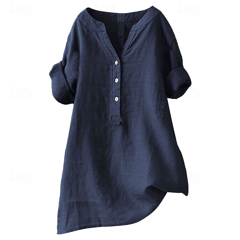 Damen Hemd Baumwoll-Leinen-Hemden Bluse Einfach Modern Lässig Langarm V Ausschnitt Normale Oberteile Täglich Ferien Ausgehen Knöpfe Schwarz Gelb Marineblau Beige Sommer 2025 - $23.99 –P4