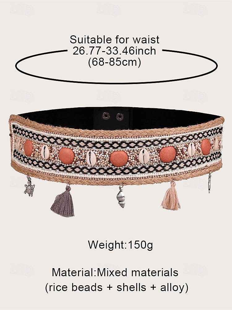 Handgemaakte bohemian damesriem met kralen, elastische stretchband met kwastjes en bedels - kleurrijk geborduurd damesontwerp, perfect voor strandkleding, festivals en zomerse gelegenheden 2026 - $24.99 –P9