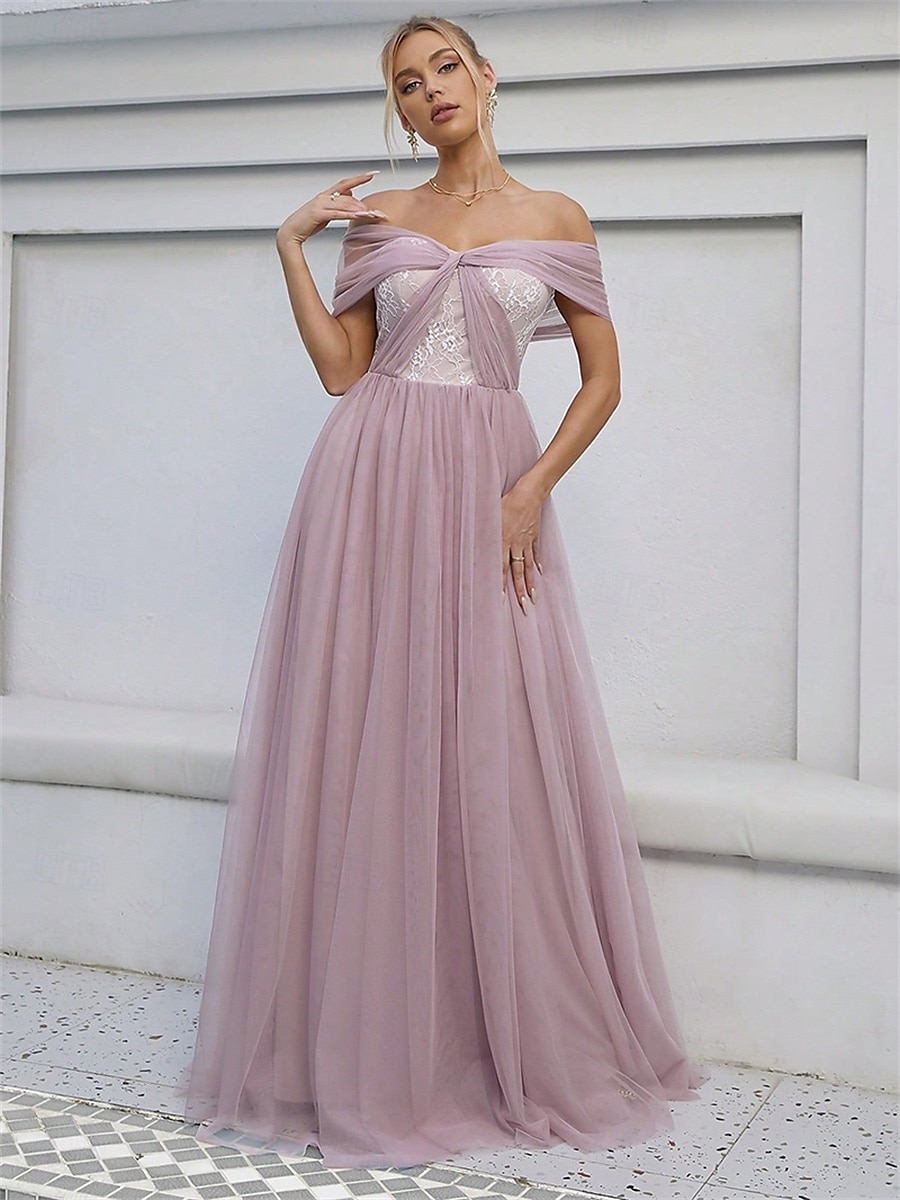 Linha A Vestido de Madrinha Ombro a Ombro Sem Manga Elegante Longo Tule com Cor Única 2022 de 2025 por $86.99 –P9